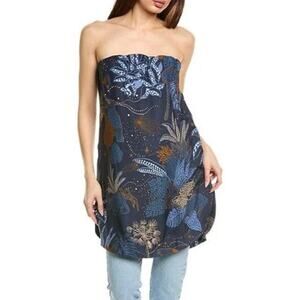 FARM RIO Night Jungle Strapless Blouse Vibrant Floral Animal Print Top Navy Blue